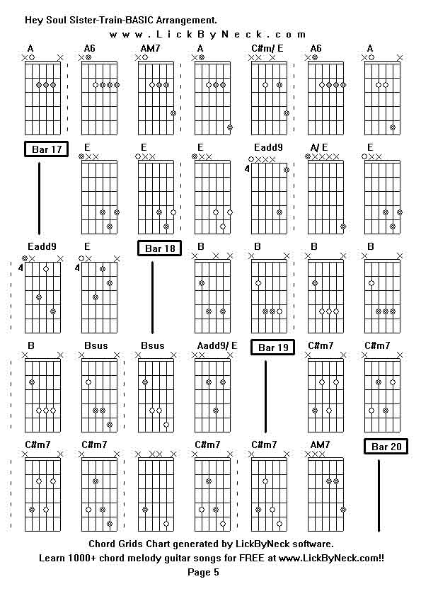 Chord Grids Chart of chord melody fingerstyle guitar song-Hey Soul Sister-Train-BASIC Arrangement,generated by LickByNeck software.